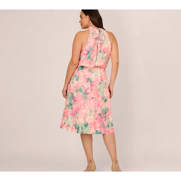 Adrianna Papell Floral Print Chiffon Halter Mock Neck Dress Blush Multi, Plus 16 - Picture 4 of 7